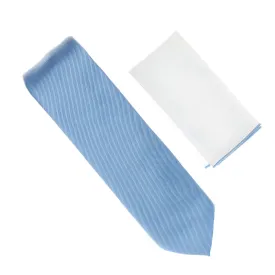 Baby Blue Corded Weave Extra Long Necktie with a White Pocket Square with Baby Blue Trim