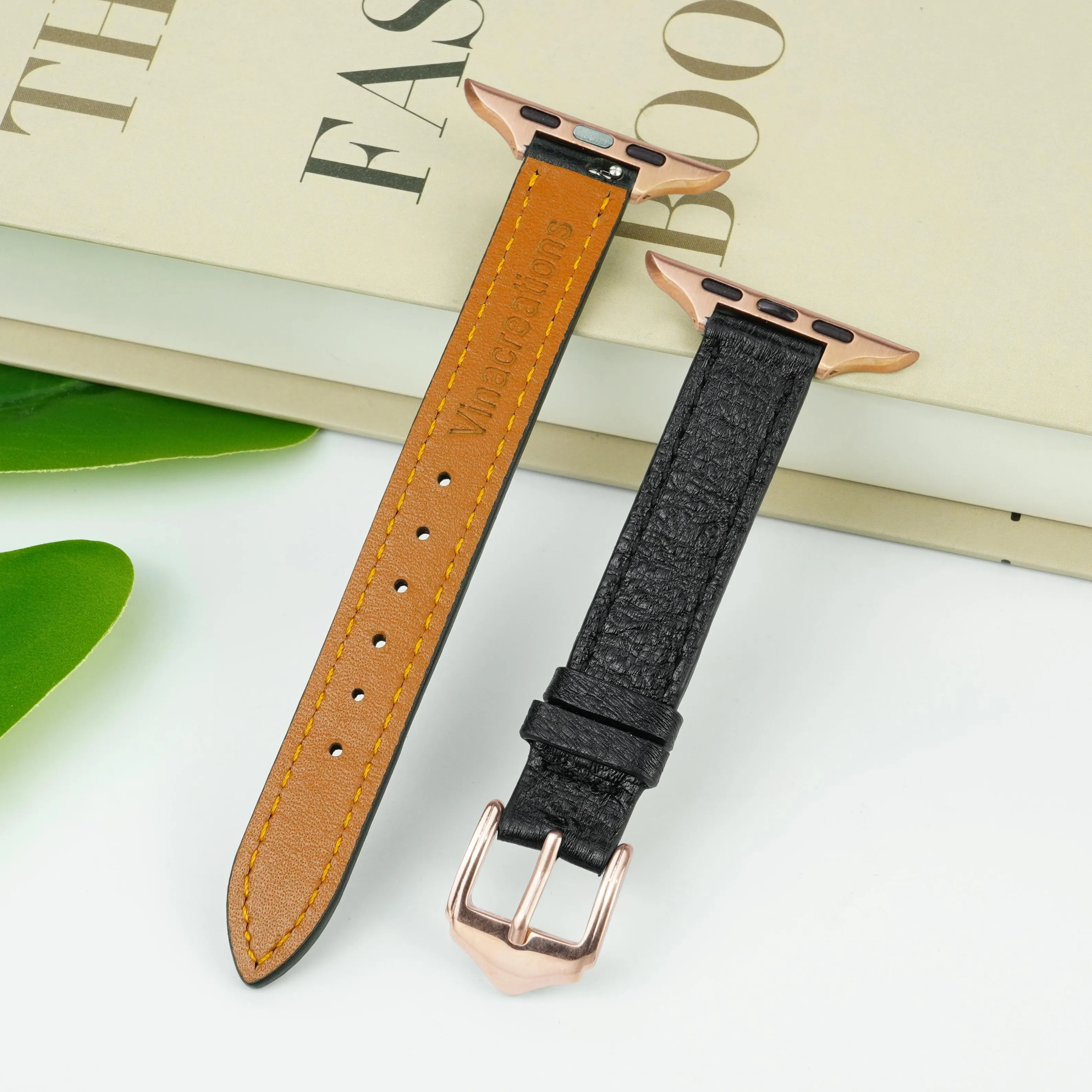 Black Flat Ostrich Leather Band Compatible Apple Watch Iwatch 45mm Screen Protector Case Gold Adapter Replacement Strap For Smartwatch Series 7 8 Leather Handmade AW-181G-W-45MM