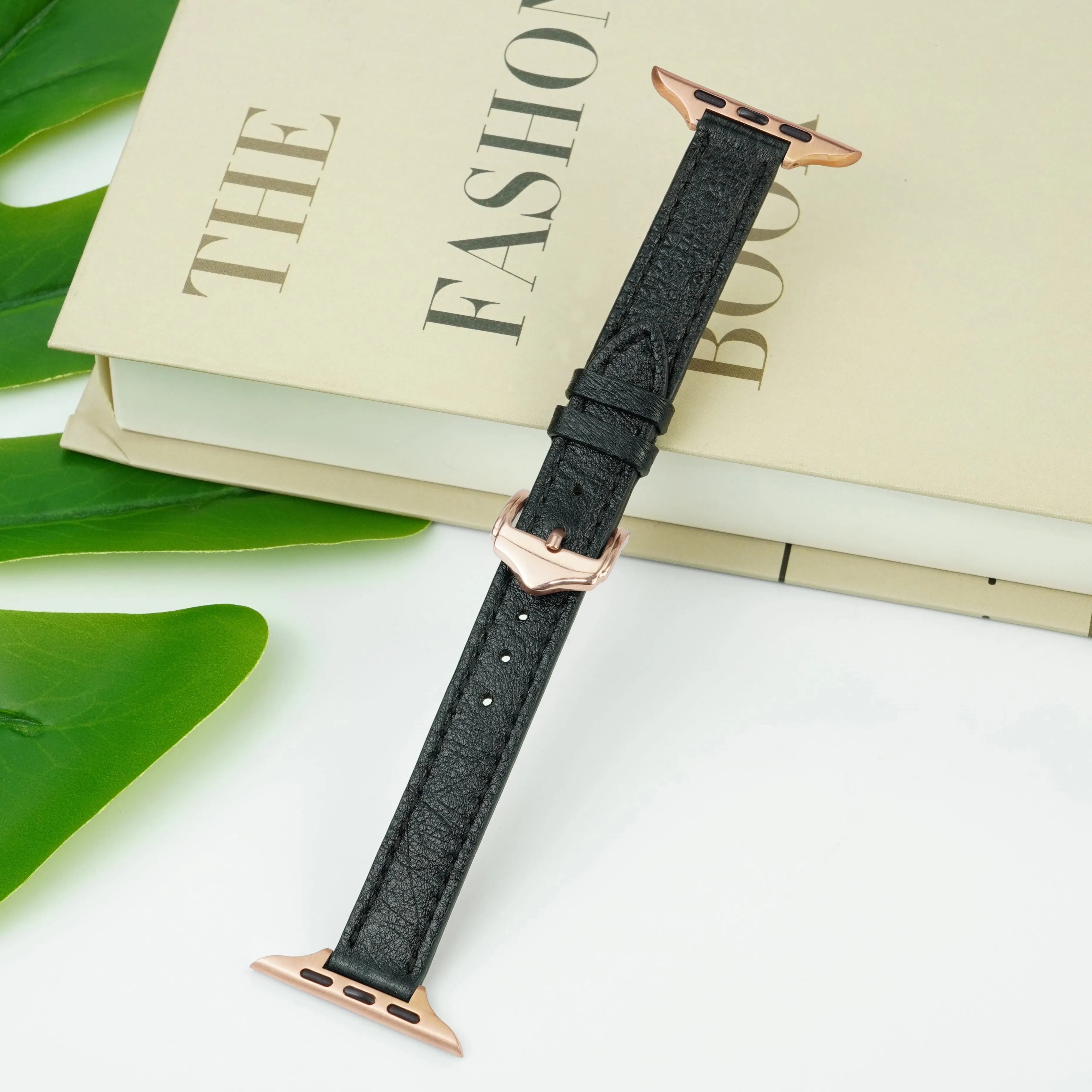 Black Flat Ostrich Leather Band Compatible Apple Watch Iwatch 45mm Screen Protector Case Gold Adapter Replacement Strap For Smartwatch Series 7 8 Leather Handmade AW-181G-W-45MM