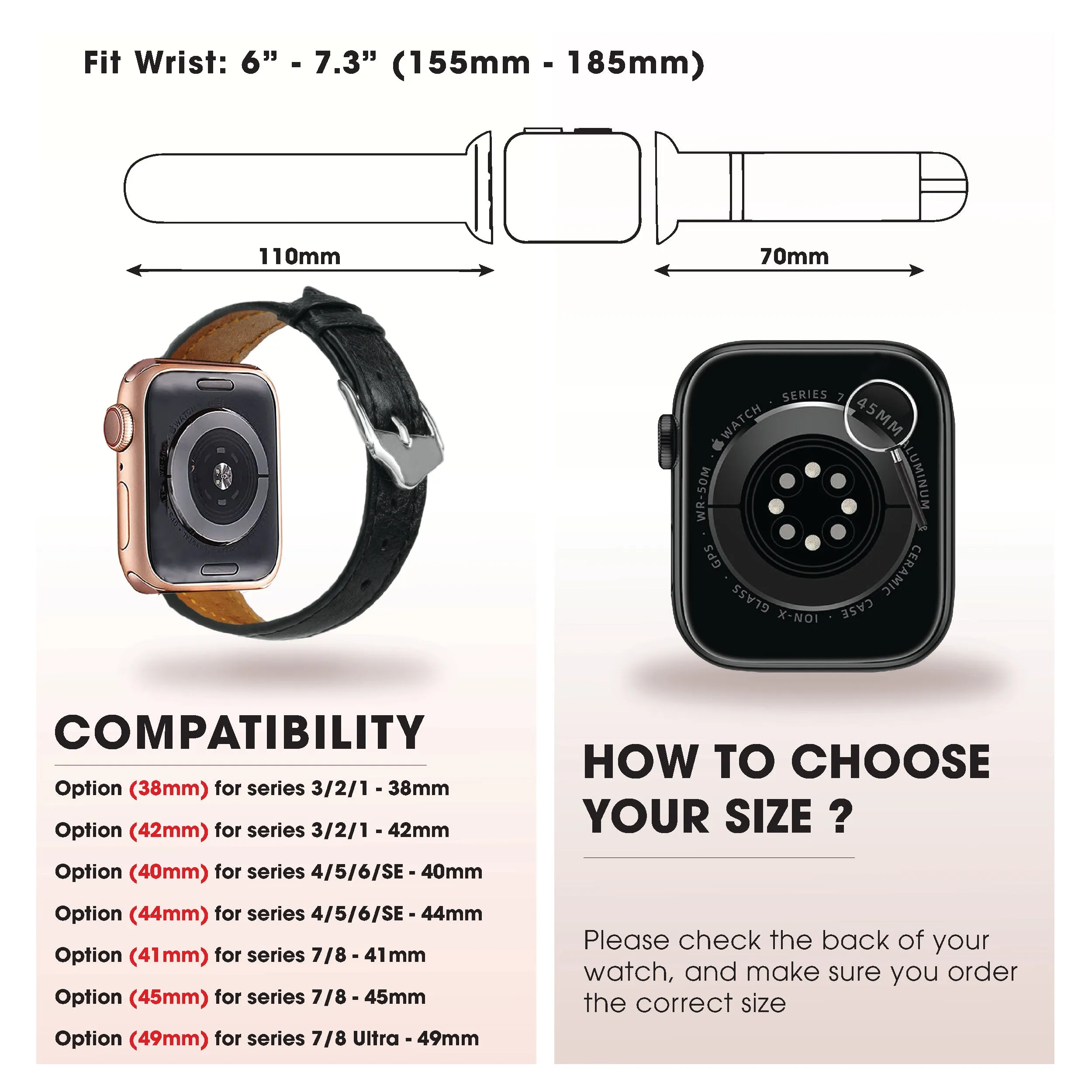 Black Flat Ostrich Leather Band Compatible Apple Watch Iwatch 45mm Screen Protector Case Gold Adapter Replacement Strap For Smartwatch Series 7 8 Leather Handmade AW-181G-W-45MM