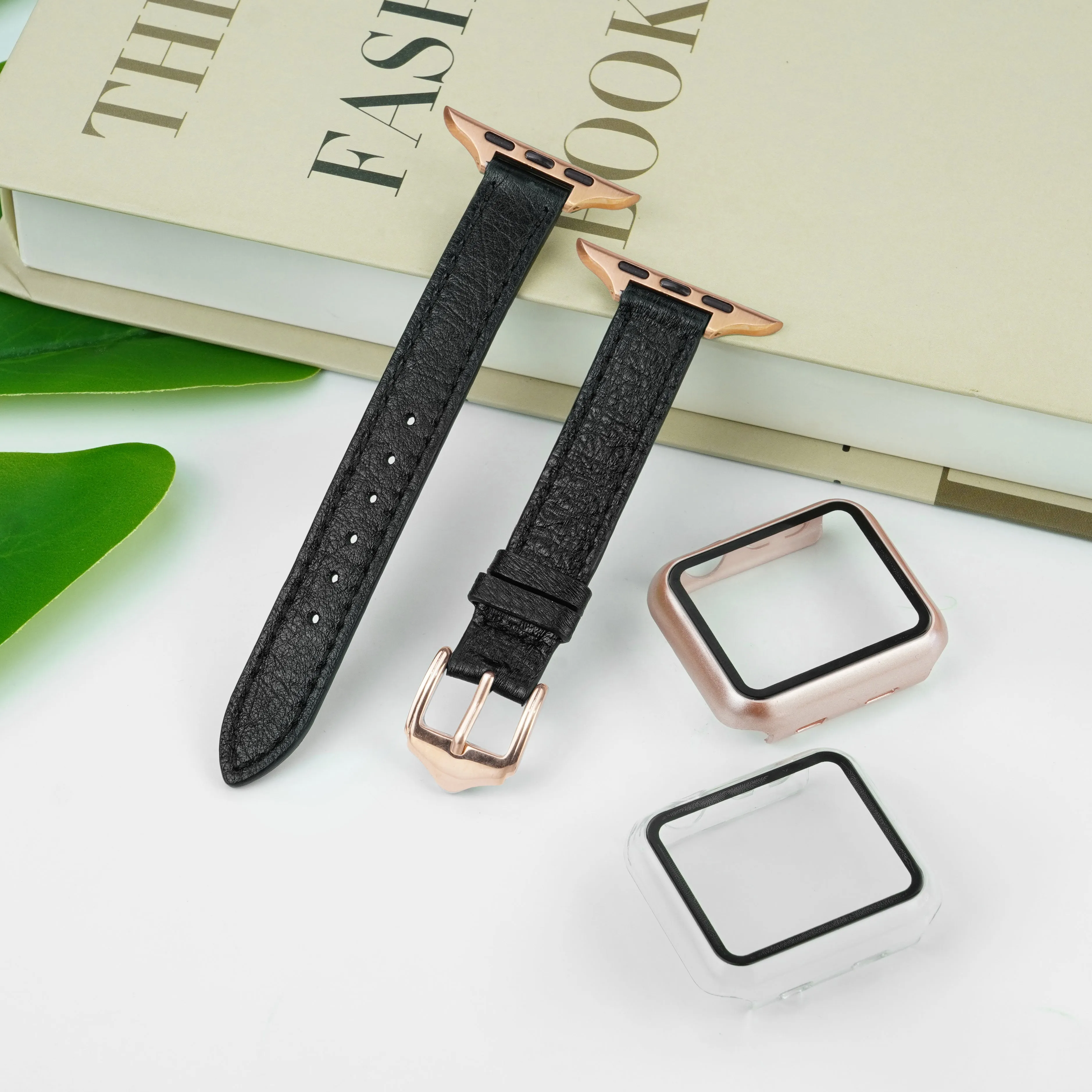 Black Flat Ostrich Leather Band Compatible Apple Watch Iwatch 45mm Screen Protector Case Gold Adapter Replacement Strap For Smartwatch Series 7 8 Leather Handmade AW-181G-W-45MM