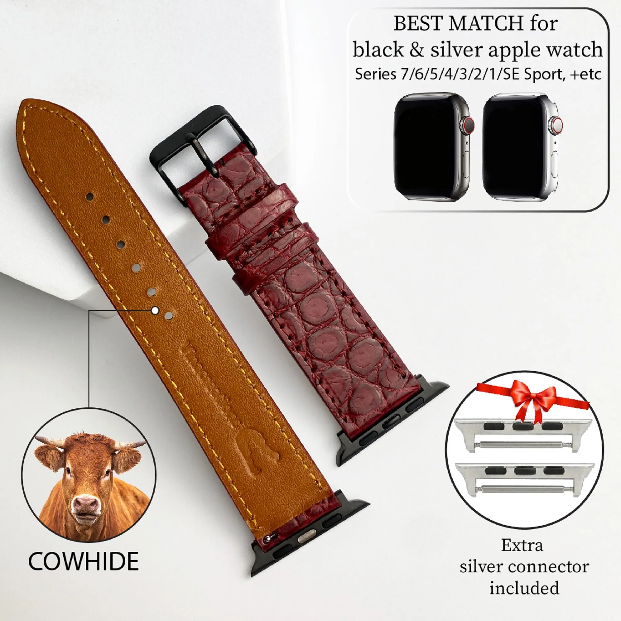 Burgundy Flat Alligator Leather Strap For Apple Watch Ultra Series 8 7 6 5 4 3 SE | AW-27