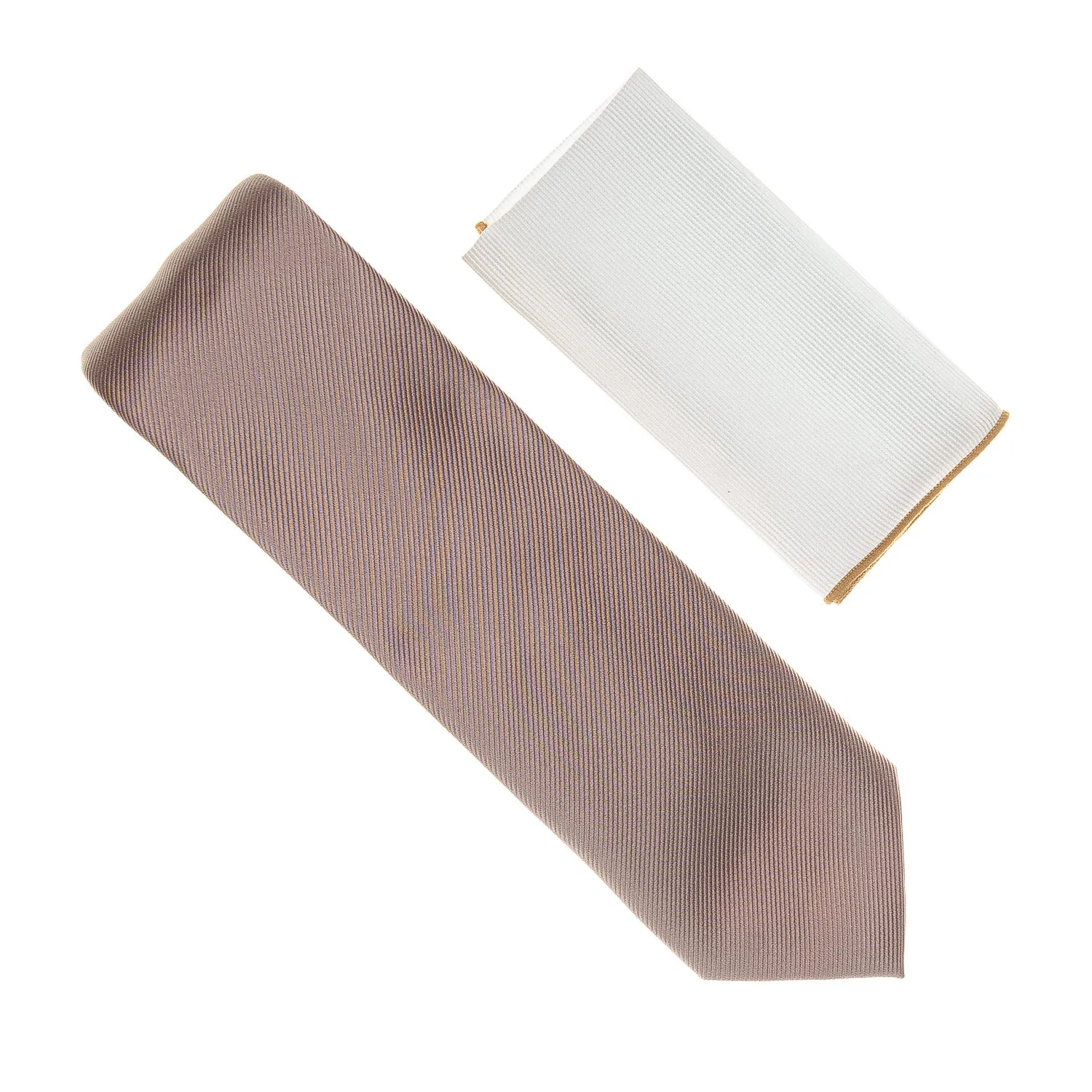 Champagne Bubbly Corded Weave Necktie with a White Pocket Square with Champagne Bubbly Trim