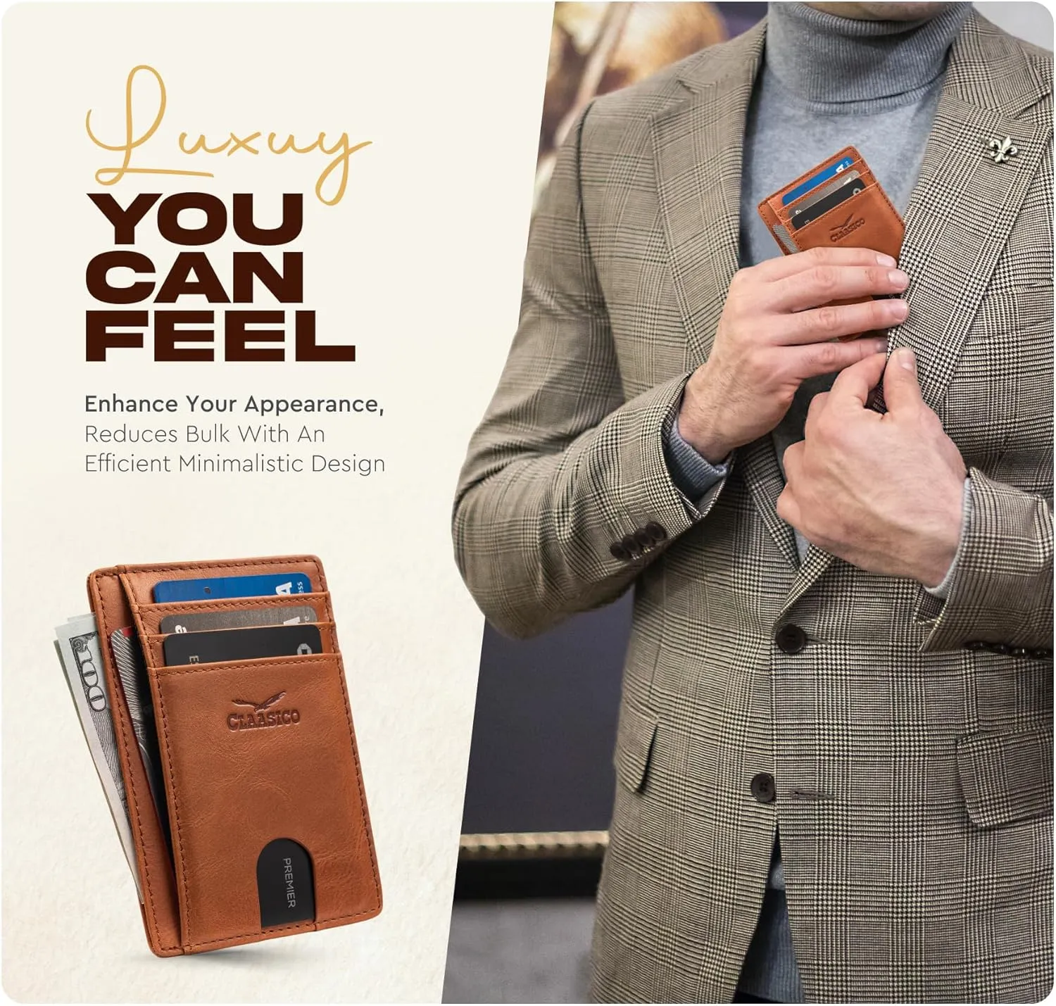 Claasico Front Pocket Small Mens Wallet RFID Blocking Genuine Leather Credit Card Holder