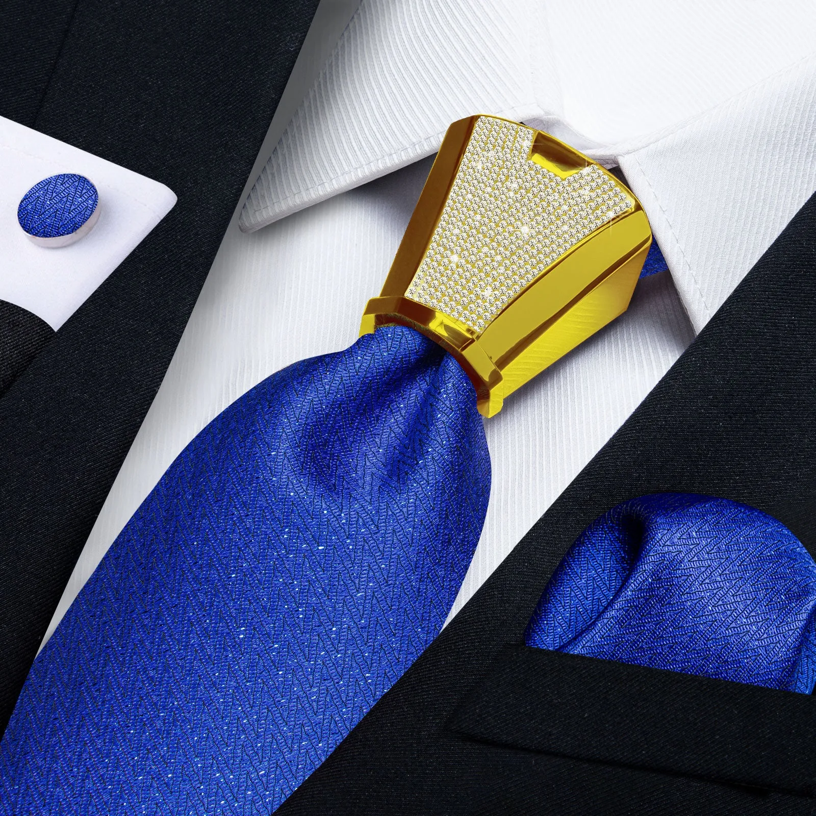 DiBanGu Men's Tie Blue Solid Silk Tie Handkerchief Cufflinks Accessory Set 4PC