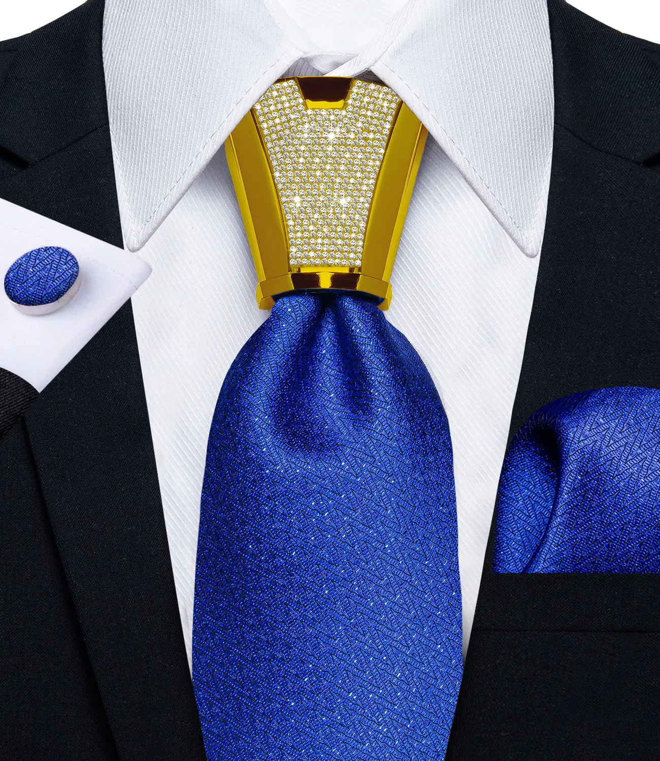 DiBanGu Men's Tie Blue Solid Silk Tie Handkerchief Cufflinks Accessory Set 4PC