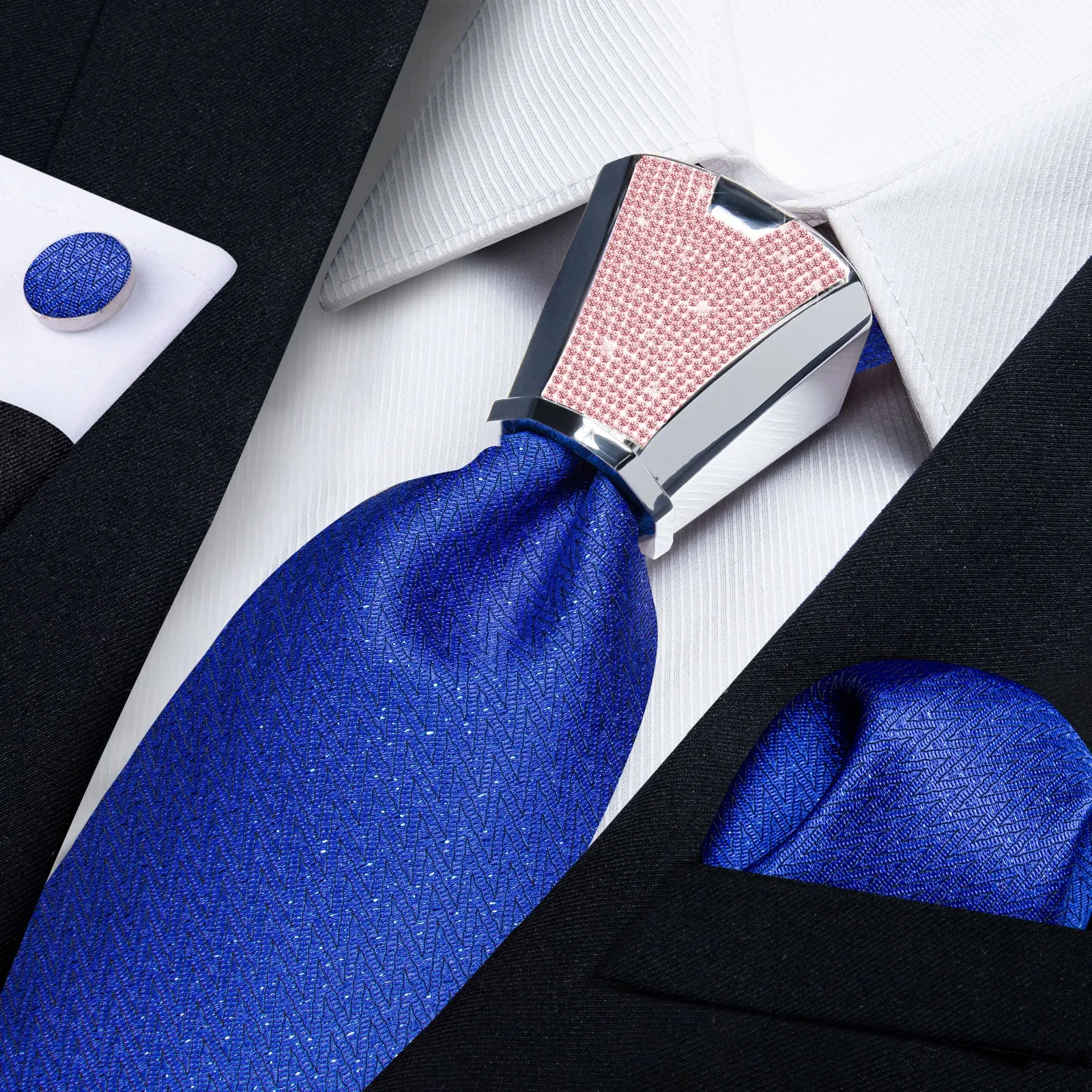 DiBanGu Men's Tie Blue Solid Silk Tie Handkerchief Cufflinks Accessory Set 4PC