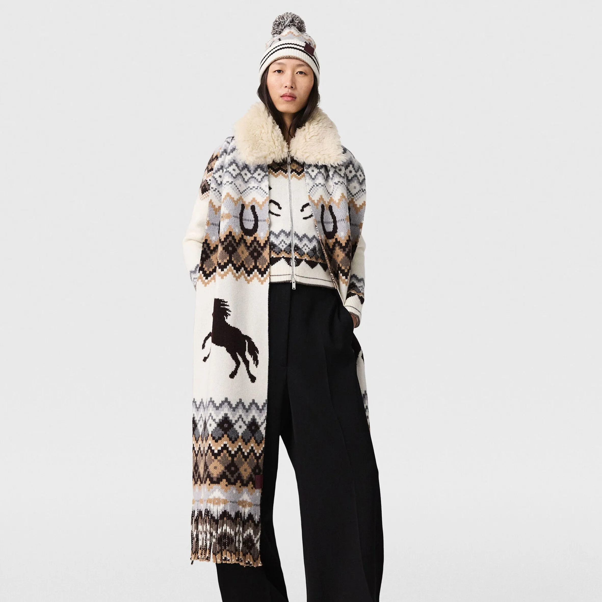 Fairisle Logo Scarf, Cream/Brown