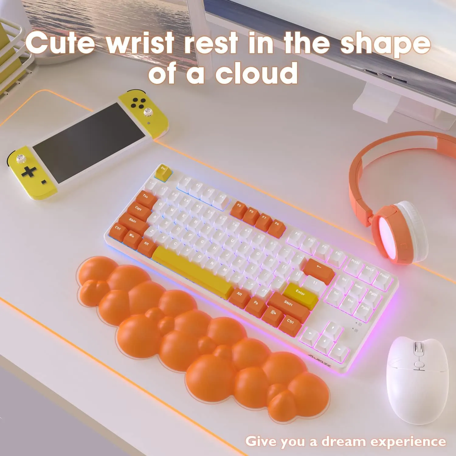 Gaming Keyboard Cloud Wrist Rest Pad,Memory Foam Keyboard Palm Rest,Ergonomic Hand Rest,Soft Leather Wrist Rest for Computer Keyboard,Laptop,Mac,Lightweight for Easy Typing Pain Relief (Orange)