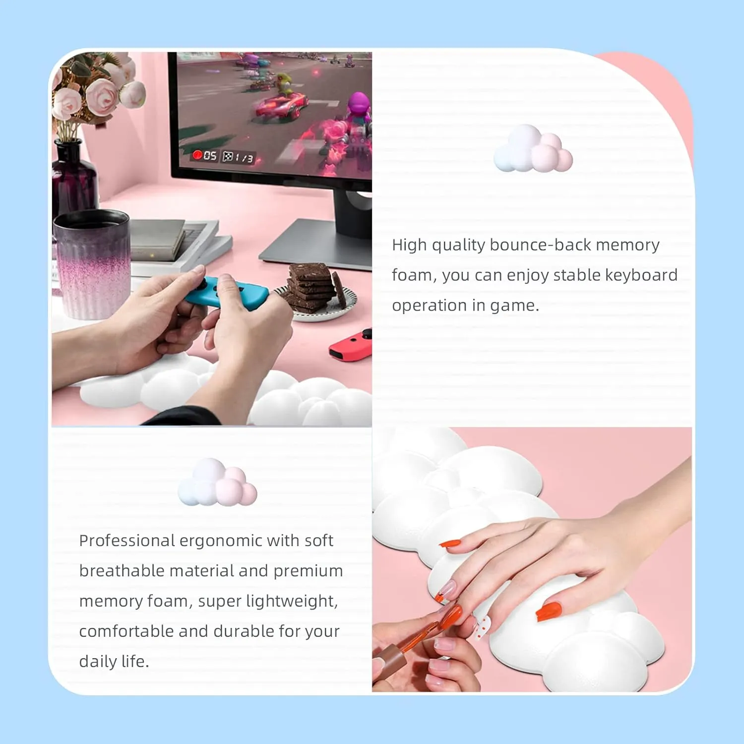 Gaming Keyboard Wrist Rest Pad,Memory Foam Keyboard Palm Rest, Ergonomic Hand Rest for Computer Keyboard,Laptop,Mac,Lightweight for Easy Typing Pain Relief-White