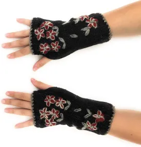 Hand Knit Fingerless Embroidered Flower Winter Wool Texting Gloves Mittens Warm Fleece Lined