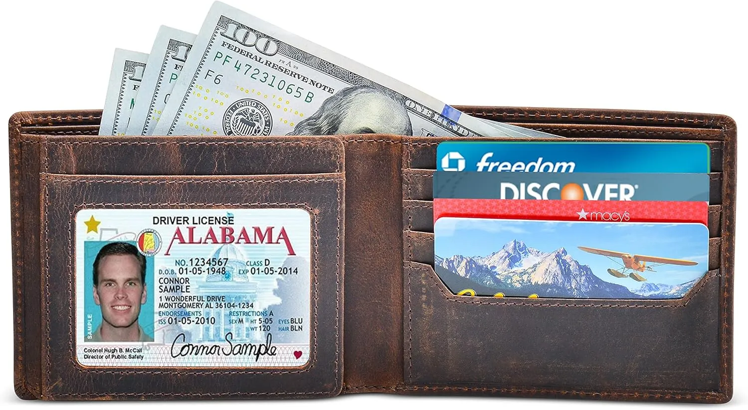 Men's Leather Wallet with RFID Blocking 2 ID Windows in Full Grain Crazy Horse Leather