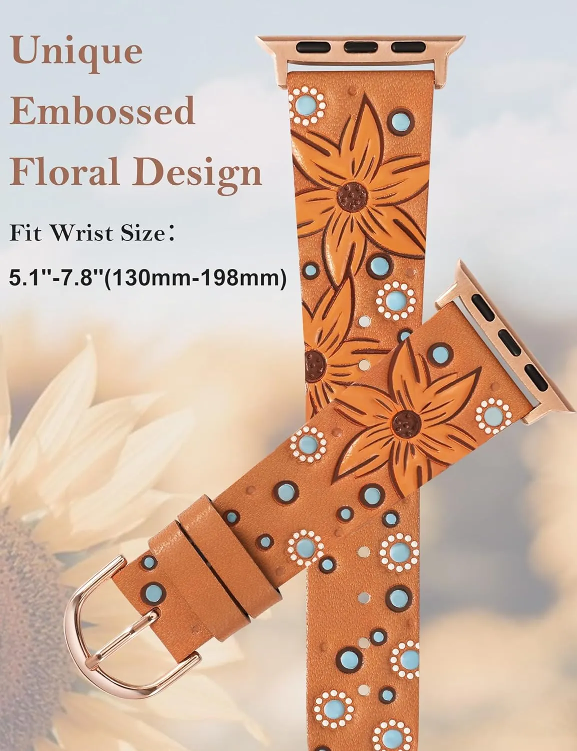 Minyee Leather Band Compatible with Apple Watch Band 41/40/38/44/45/46/49/42mm Women, Boho Western Embossed Sunflower Floral Designer Leather Strap for iWatch Series 10 9 8 7 6 5 4 3 2 1 SE Ultra 2