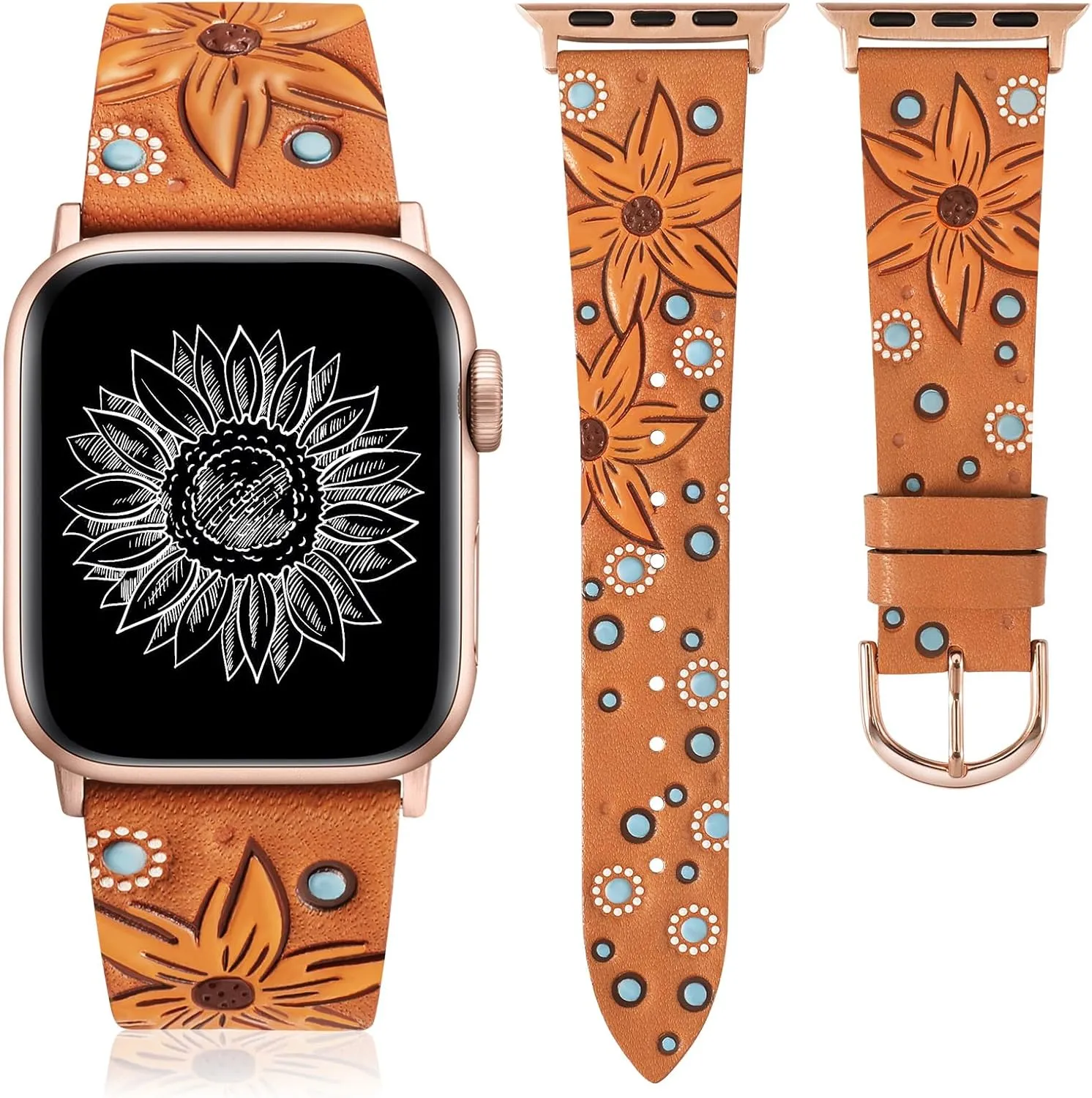 Minyee Leather Band Compatible with Apple Watch Band 41/40/38/44/45/46/49/42mm Women, Boho Western Embossed Sunflower Floral Designer Leather Strap for iWatch Series 10 9 8 7 6 5 4 3 2 1 SE Ultra 2
