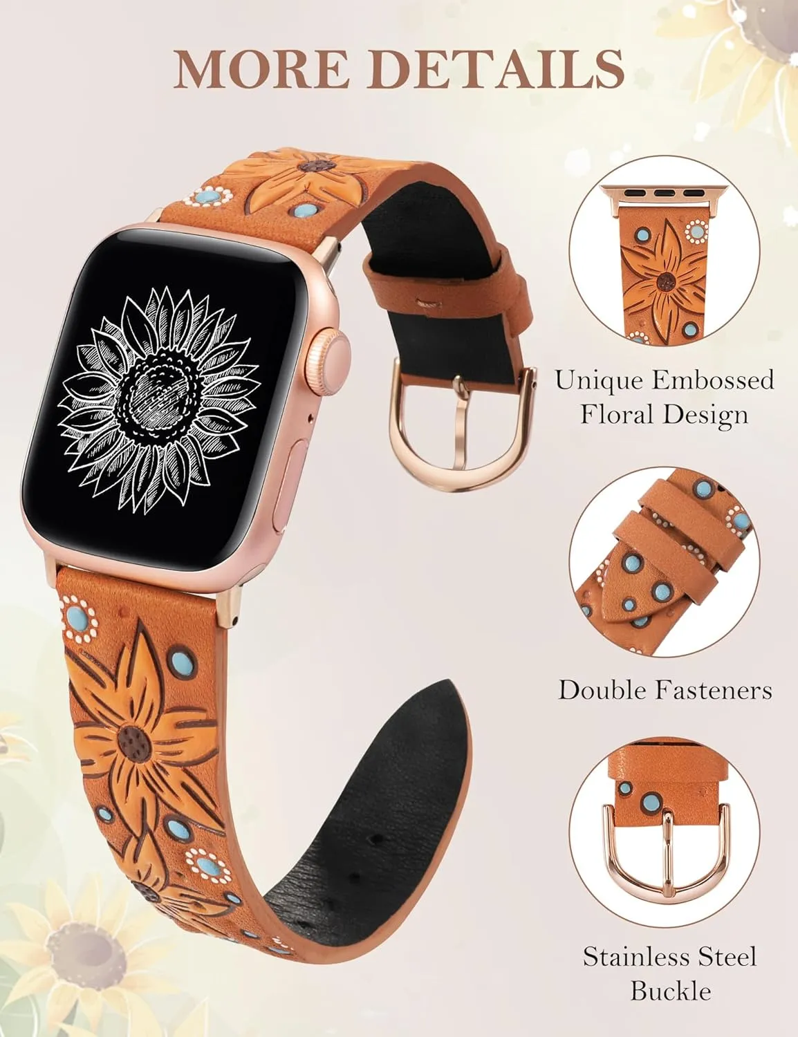 Minyee Leather Band Compatible with Apple Watch Band 41/40/38/44/45/46/49/42mm Women, Boho Western Embossed Sunflower Floral Designer Leather Strap for iWatch Series 10 9 8 7 6 5 4 3 2 1 SE Ultra 2