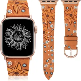 Minyee Leather Band Compatible with Apple Watch Band 41/40/38/44/45/46/49/42mm Women, Boho Western Embossed Sunflower Floral Designer Leather Strap for iWatch Series 10 9 8 7 6 5 4 3 2 1 SE Ultra 2