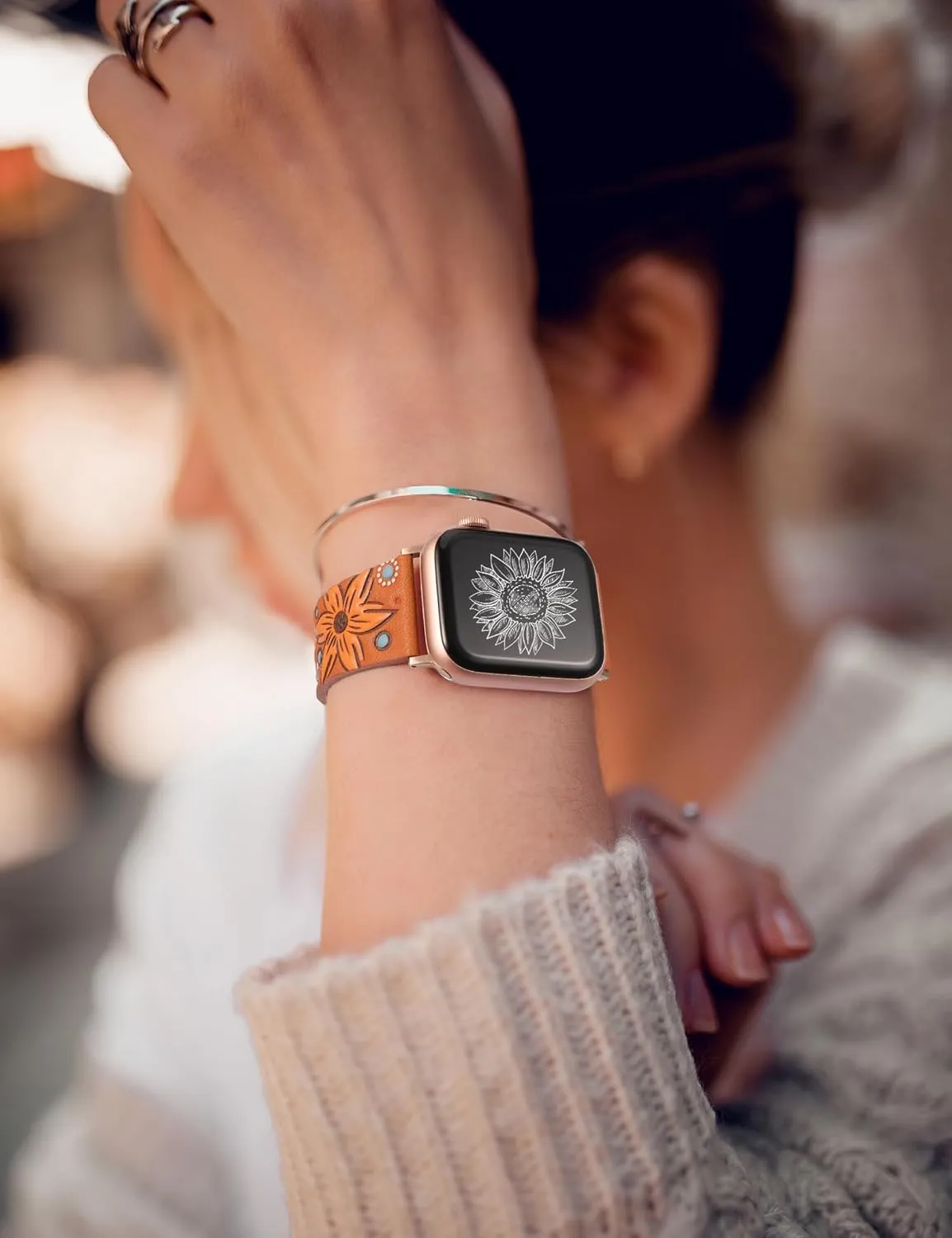 Minyee Leather Band Compatible with Apple Watch Band 41/40/38/44/45/46/49/42mm Women, Boho Western Embossed Sunflower Floral Designer Leather Strap for iWatch Series 10 9 8 7 6 5 4 3 2 1 SE Ultra 2