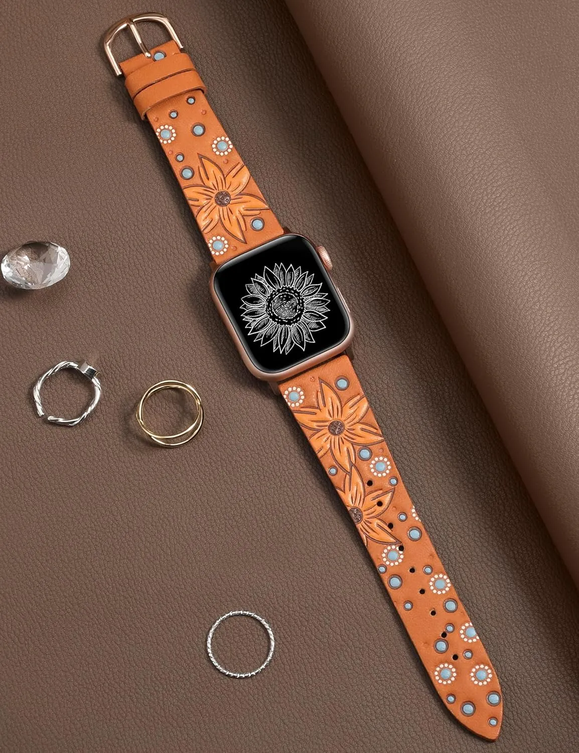 Minyee Leather Band Compatible with Apple Watch Band 41/40/38/44/45/46/49/42mm Women, Boho Western Embossed Sunflower Floral Designer Leather Strap for iWatch Series 10 9 8 7 6 5 4 3 2 1 SE Ultra 2