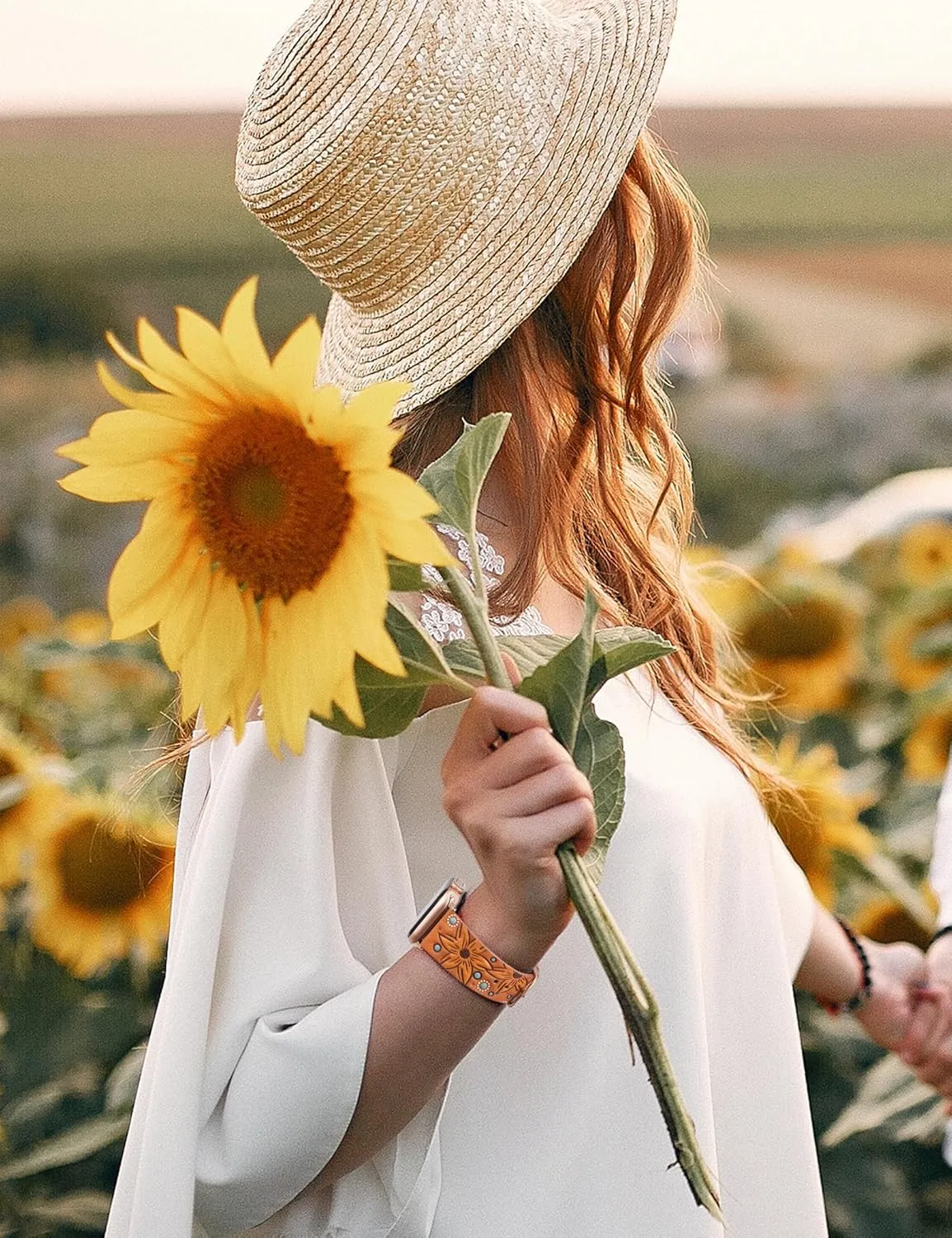 Minyee Leather Band Compatible with Apple Watch Band 41/40/38/44/45/46/49/42mm Women, Boho Western Embossed Sunflower Floral Designer Leather Strap for iWatch Series 10 9 8 7 6 5 4 3 2 1 SE Ultra 2