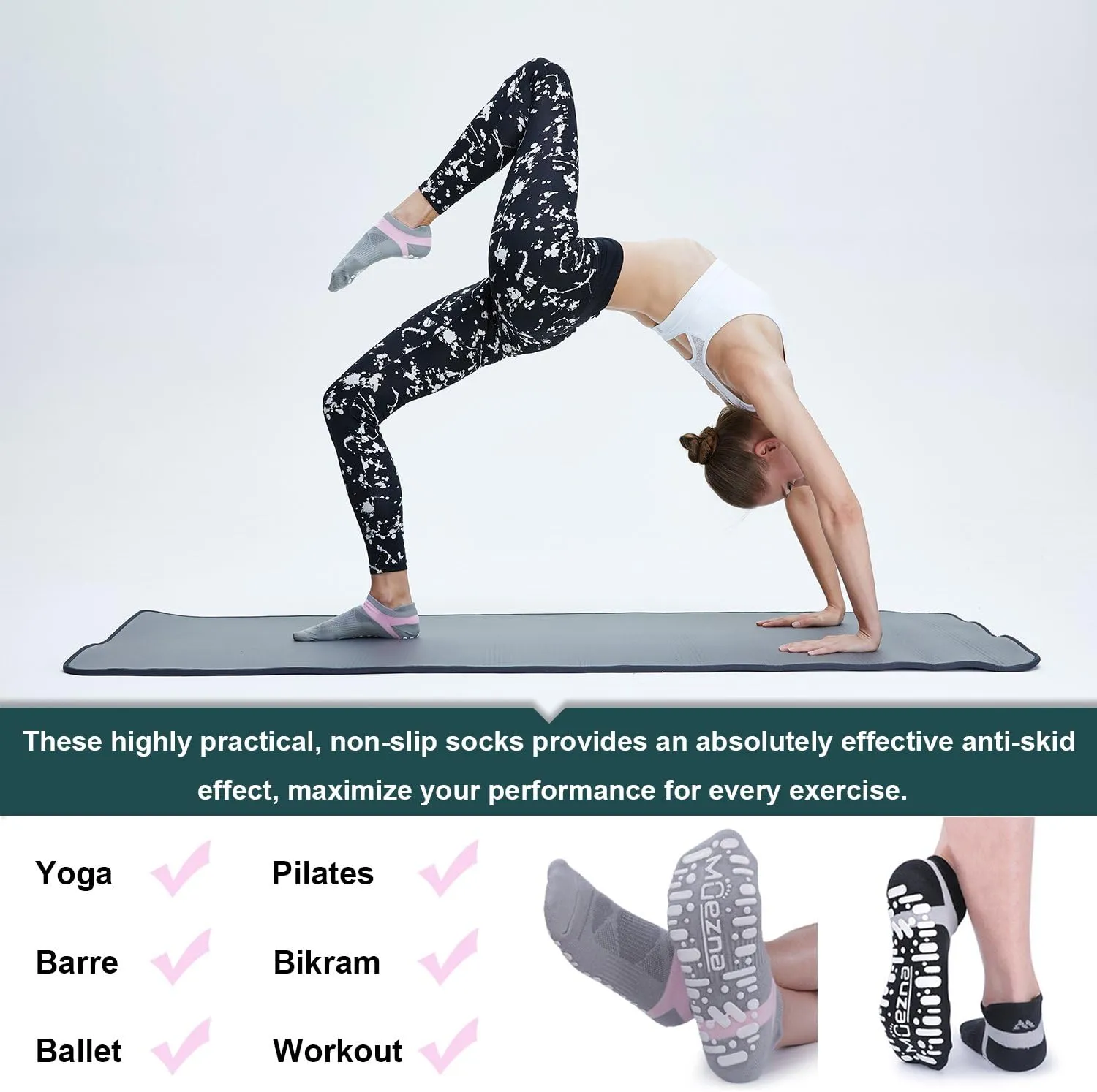 Muezna Non Slip Yoga Socks for Women, Anti-Skid Pilates, Barre, Hospital Socks with Grips, Size 5-10