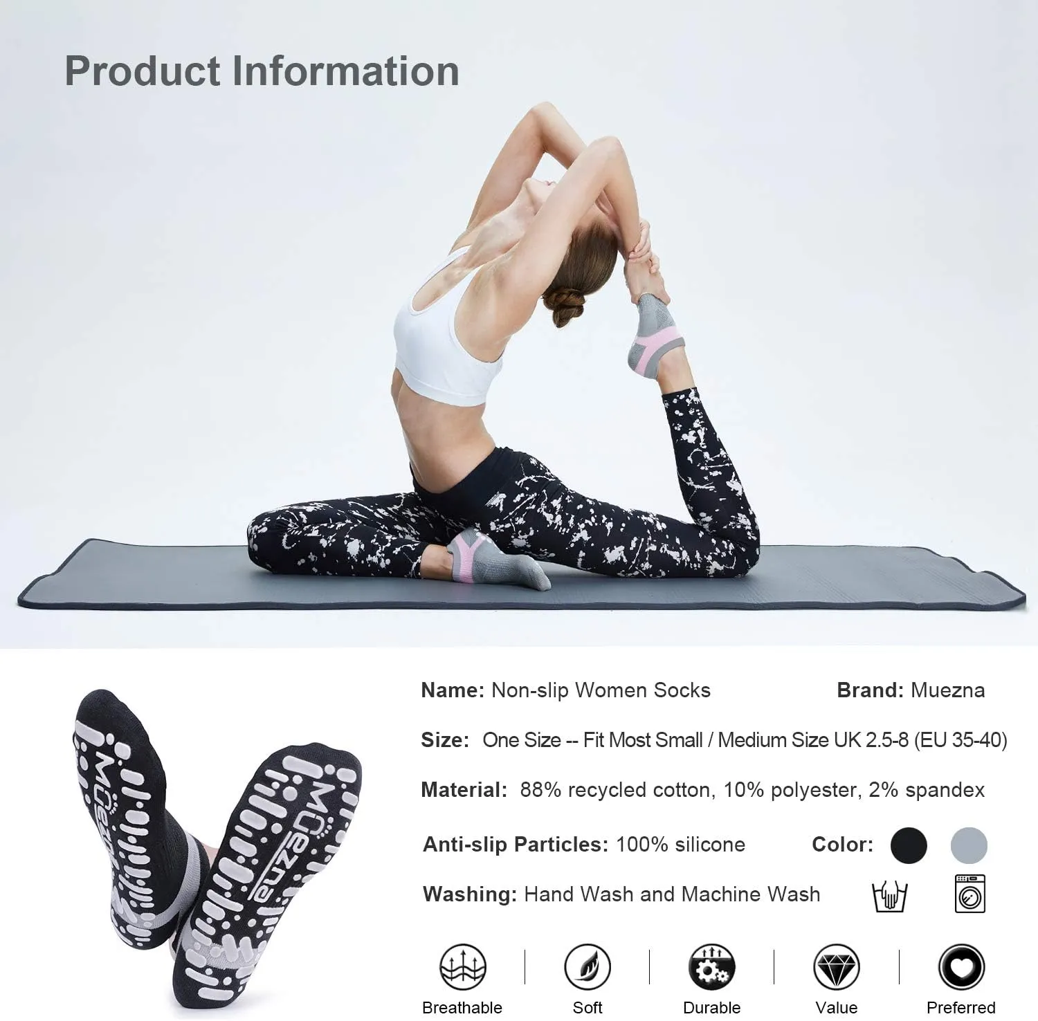 Muezna Non Slip Yoga Socks for Women, Anti-Skid Pilates, Barre, Hospital Socks with Grips, Size 5-10