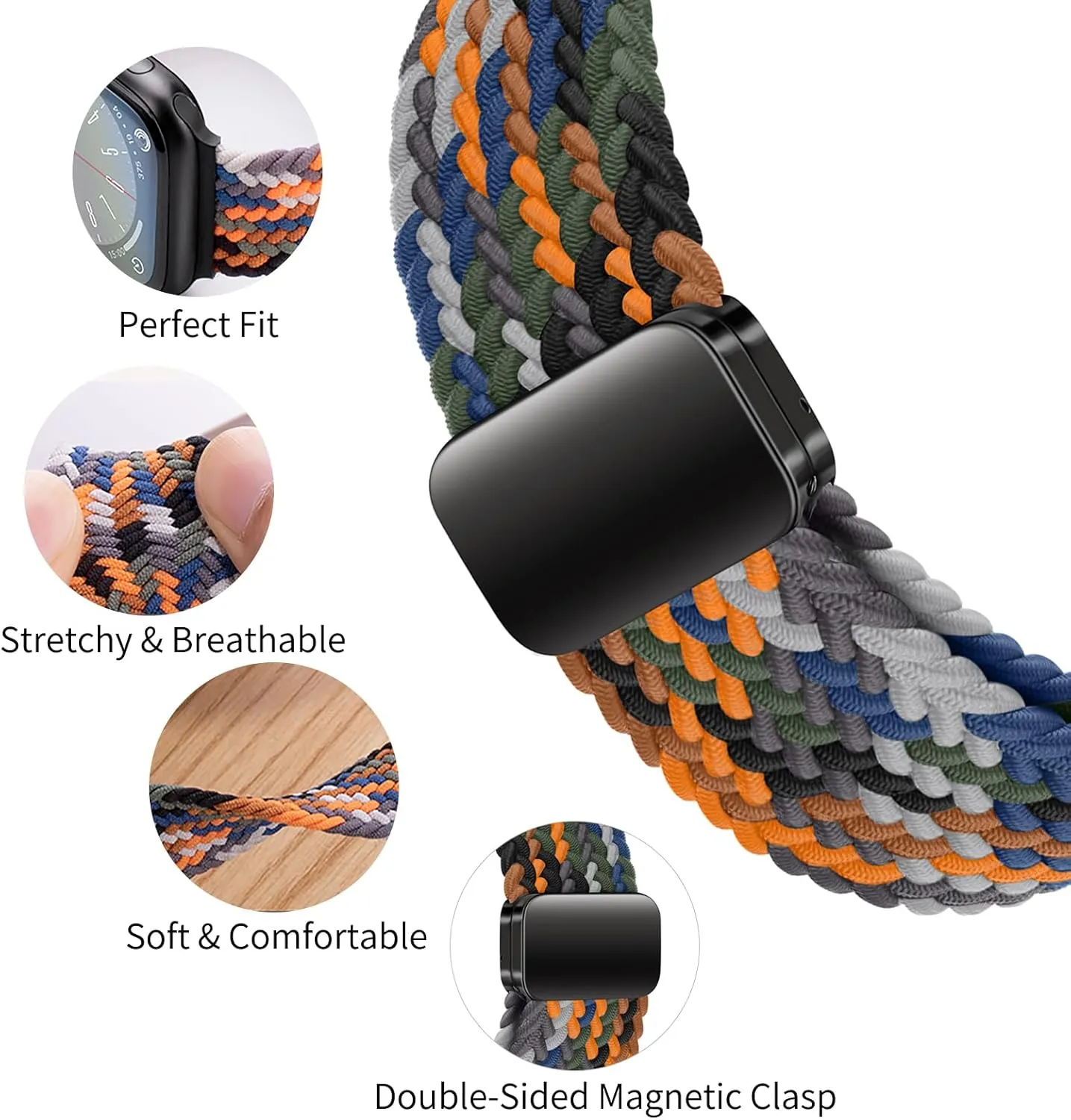 Qimela Sport Solo Loop Compatible with Apple Watch Band 38mm 40mm 41mm 42mm 44mm 45mm 46mm 49mm for Women Men,Magnetic Strap Stretchy Braided Wristband for iWatch Series 10 9 8 7 6 5 4 3 Ultra 2 1 SE