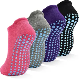 SkiBeaut Grips Non Slip Socks for Women, 4 Pairs Yoga Pilates Anti Skid Woman Hospital Gripper Socks (5-12)