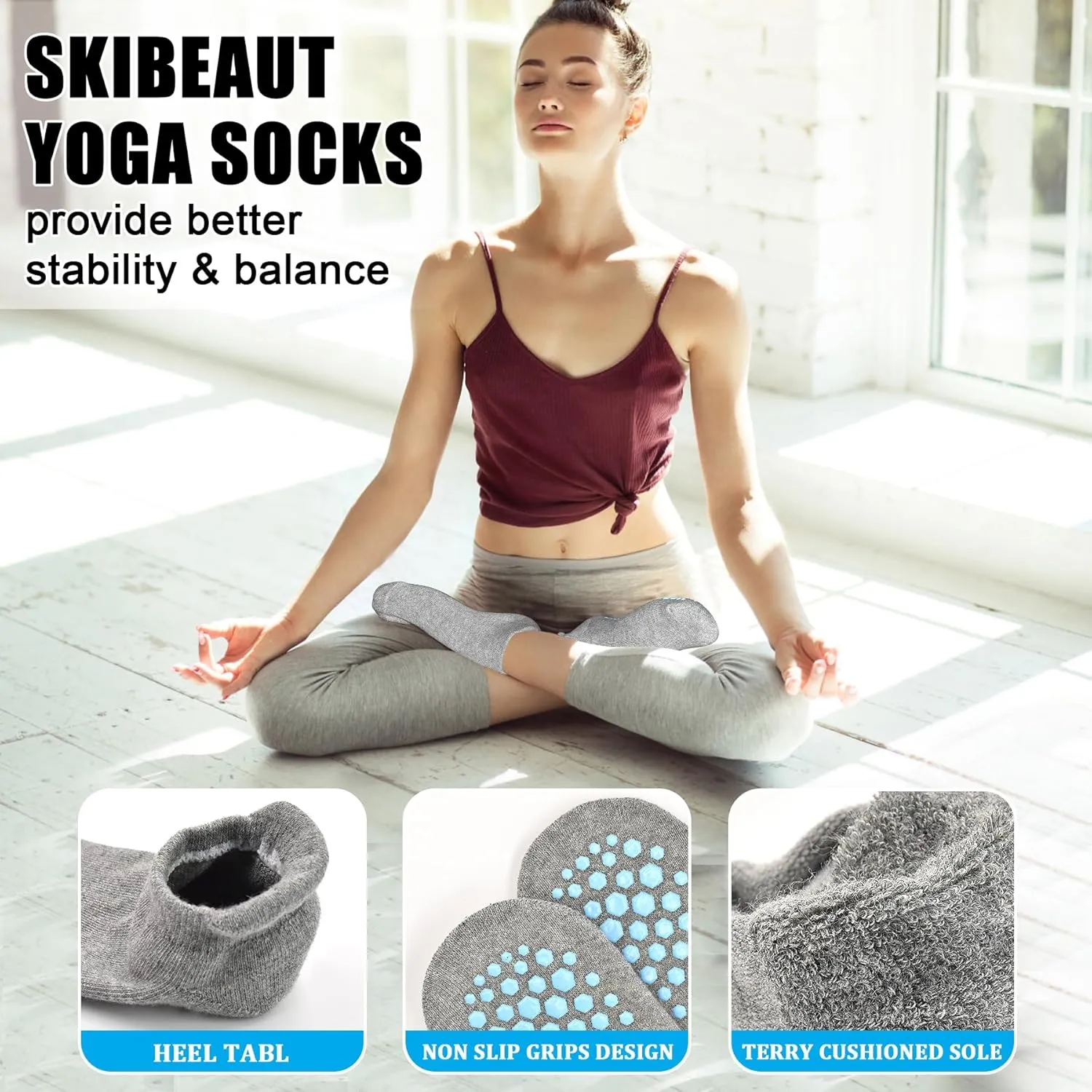 SkiBeaut Grips Non Slip Socks for Women, 4 Pairs Yoga Pilates Anti Skid Woman Hospital Gripper Socks (5-12)