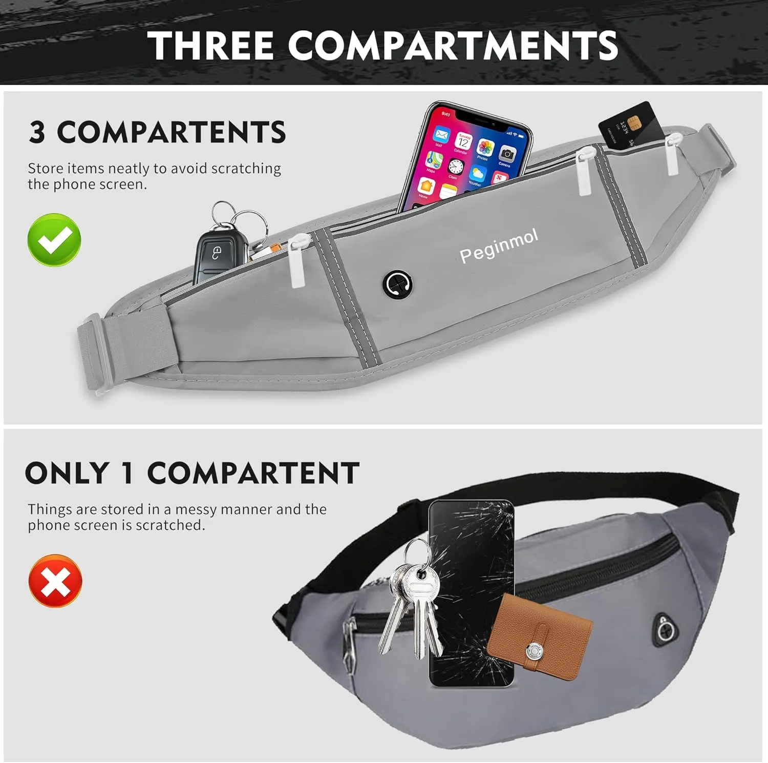 Slim Running Belt Fanny Pack, Waist Pack Bag for Women Men, Running Pouch for Phone Waterproof Reflective with 3 Pouches, Running Phone Holder for Sports, Traveling (Grey)