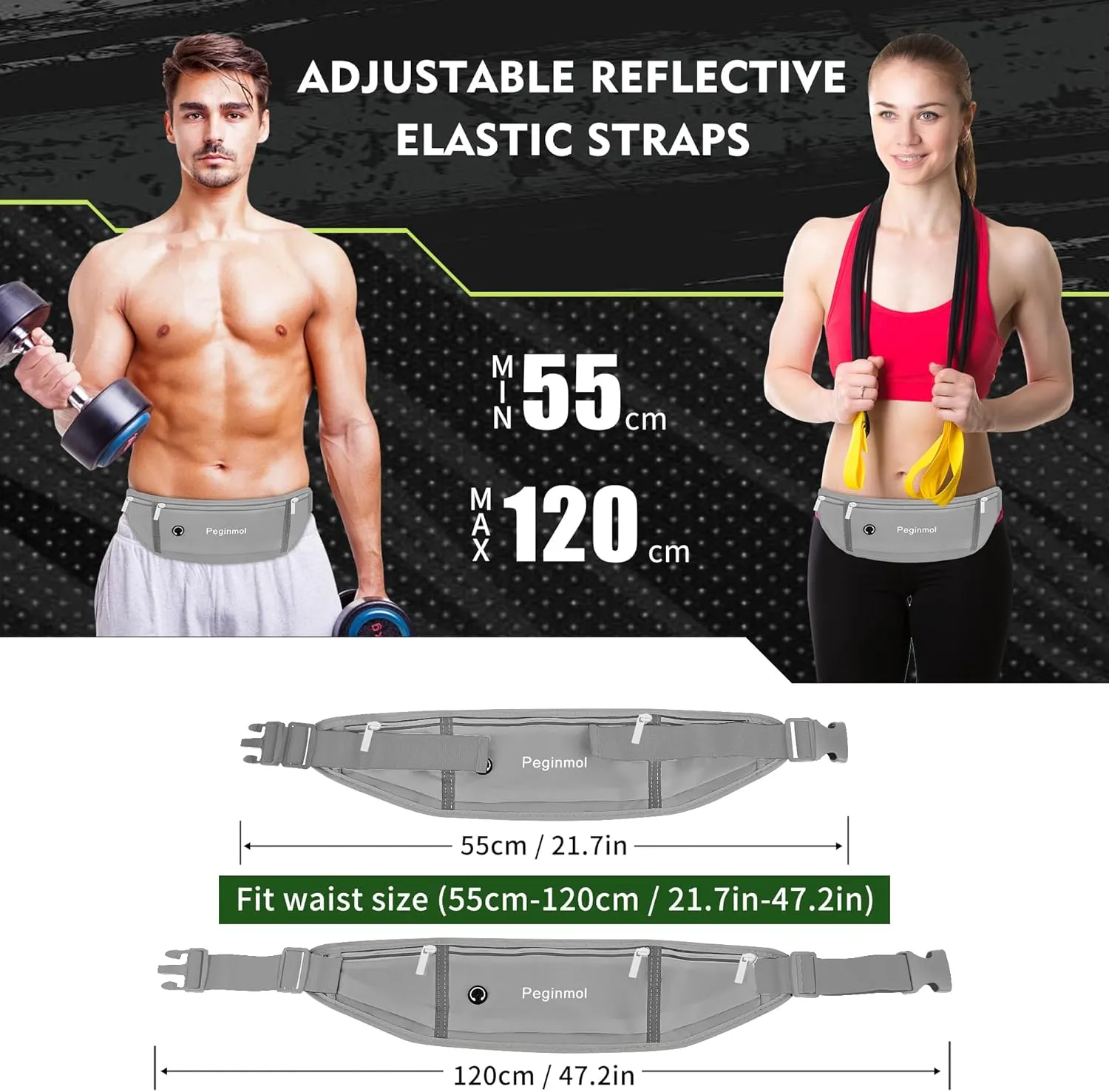 Slim Running Belt Fanny Pack, Waist Pack Bag for Women Men, Running Pouch for Phone Waterproof Reflective with 3 Pouches, Running Phone Holder for Sports, Traveling (Grey)