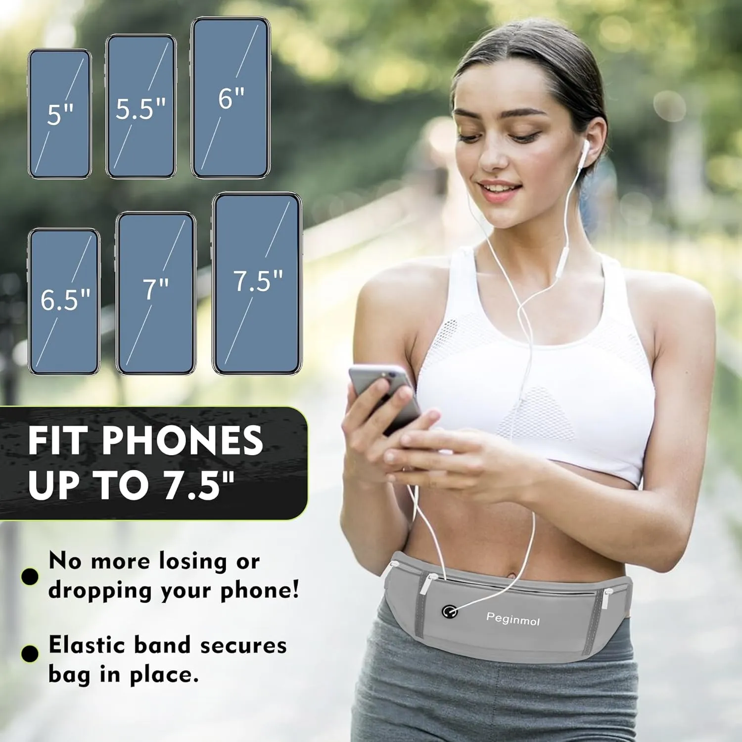 Slim Running Belt Fanny Pack, Waist Pack Bag for Women Men, Running Pouch for Phone Waterproof Reflective with 3 Pouches, Running Phone Holder for Sports, Traveling (Grey)