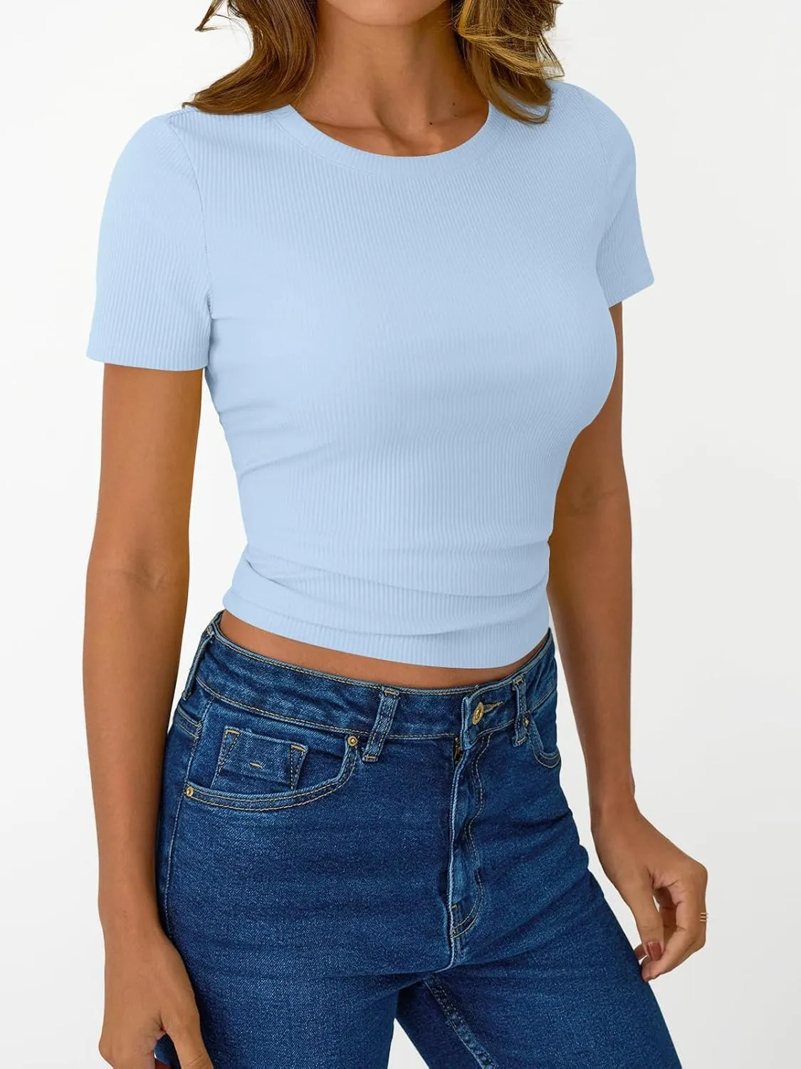 SUNBS 3 Pack Womens Short Sleeve Shirts Ribbed Knit Slim Fitted T-Shirt Summer Basic Tee 2025 Tops