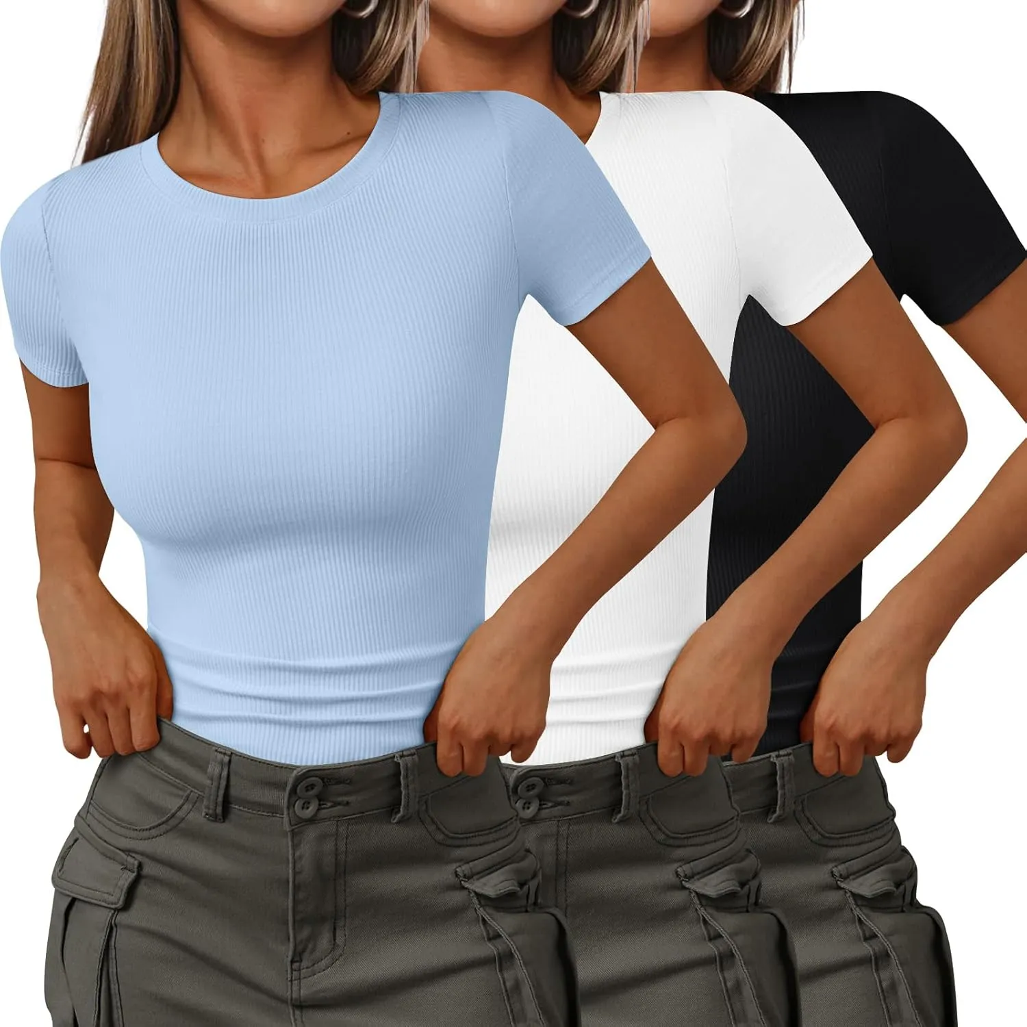 SUNBS 3 Pack Womens Short Sleeve Shirts Ribbed Knit Slim Fitted T-Shirt Summer Basic Tee 2025 Tops