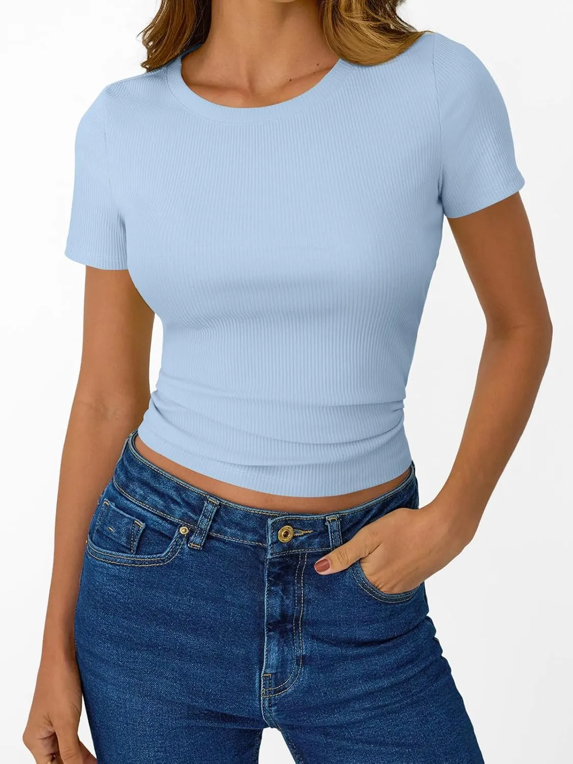 SUNBS 3 Pack Womens Short Sleeve Shirts Ribbed Knit Slim Fitted T-Shirt Summer Basic Tee 2025 Tops