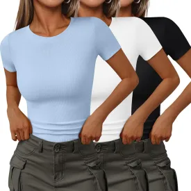 SUNBS 3 Pack Womens Short Sleeve Shirts Ribbed Knit Slim Fitted T-Shirt Summer Basic Tee 2025 Tops