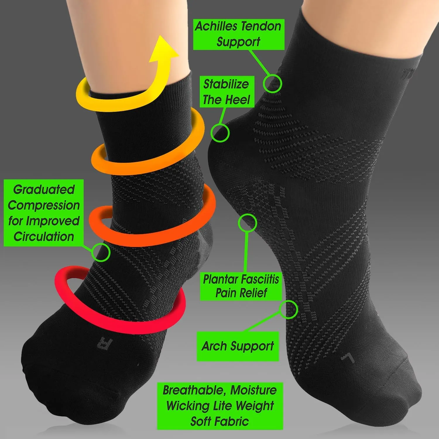 TechWare Pro Plantar Fasciitis Socks - Ankle Compression Socks for Women & Men. Achilles Tendonitis Brace & Foot Arch Support