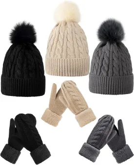 Toulite 6 Pcs Hat and Gloves for Women Girls Winter Knit Pom Pom Beanie Caps And Mittens Thick Fleece Lined