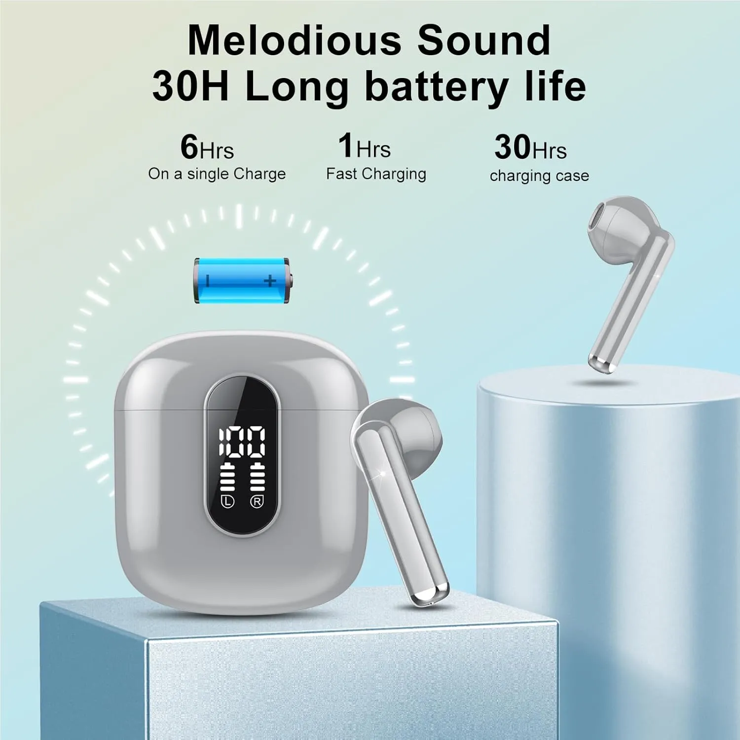 Wireless Earbuds 2024 Bluetooth 5.3 Headphones with HD Mic HiFi Stereo Sound, Wireless Earphones with Dual LED Display Touch Control, IPX7 Waterproof 30H Playtime Mini Ear Buds for iOS Android, Grey