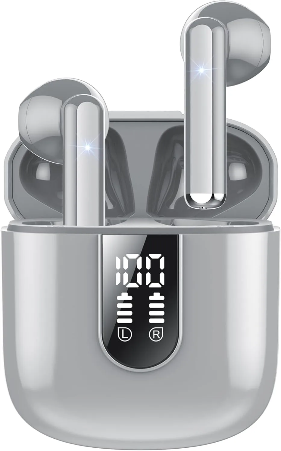 Wireless Earbuds 2024 Bluetooth 5.3 Headphones with HD Mic HiFi Stereo Sound, Wireless Earphones with Dual LED Display Touch Control, IPX7 Waterproof 30H Playtime Mini Ear Buds for iOS Android, Grey