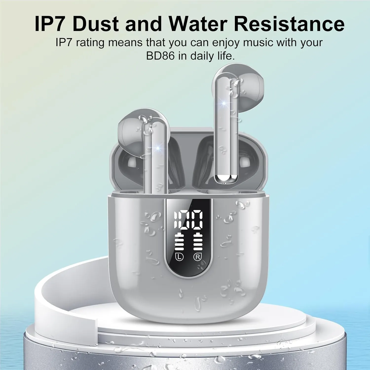 Wireless Earbuds 2024 Bluetooth 5.3 Headphones with HD Mic HiFi Stereo Sound, Wireless Earphones with Dual LED Display Touch Control, IPX7 Waterproof 30H Playtime Mini Ear Buds for iOS Android, Grey