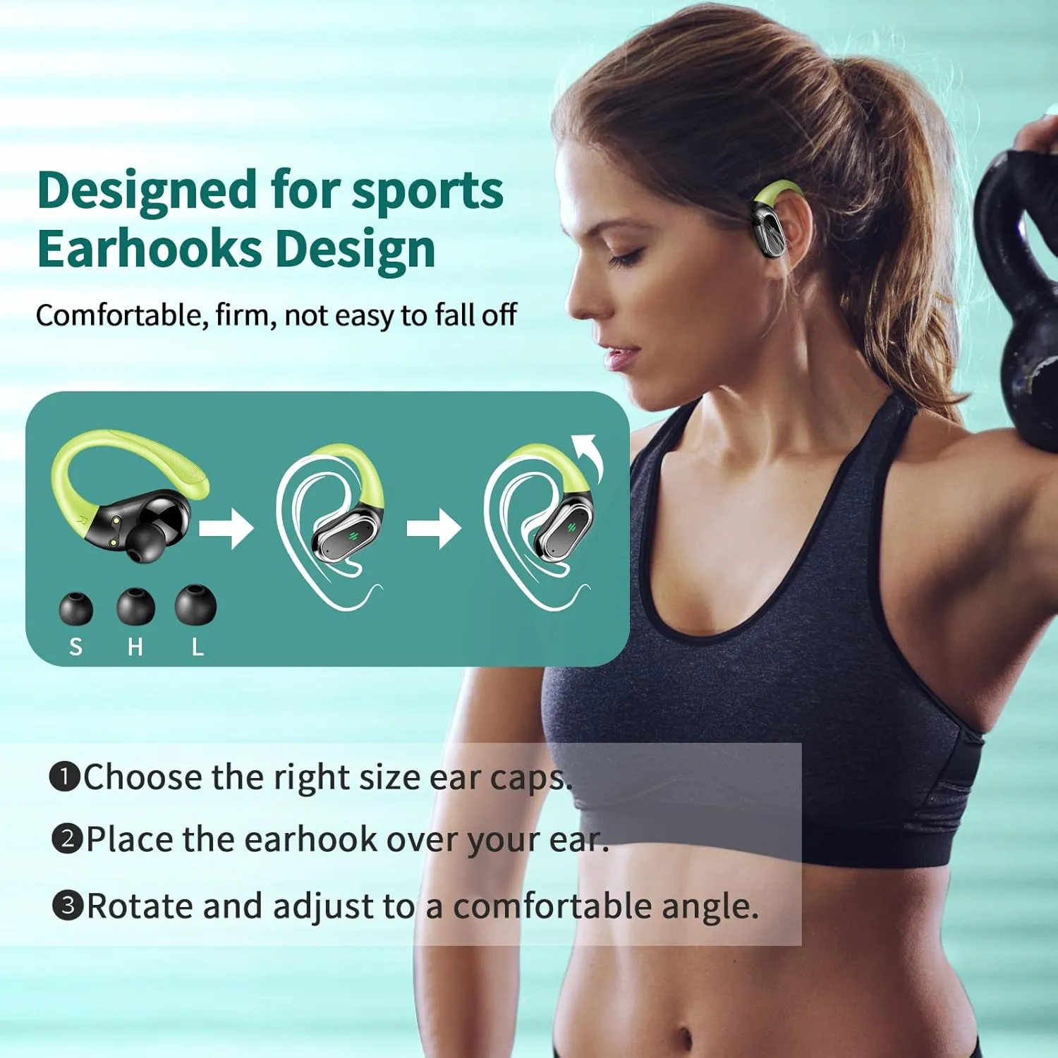 Wireless Earbuds, Bluetooth 5.4 Headphones Sport, Bluetooth Earbuds with ENC Noise Canceling Mic, 50H Stereo Wireless Headphones IP7 Waterproof with Earhooks, Dual LED Display for Running, Dark Green