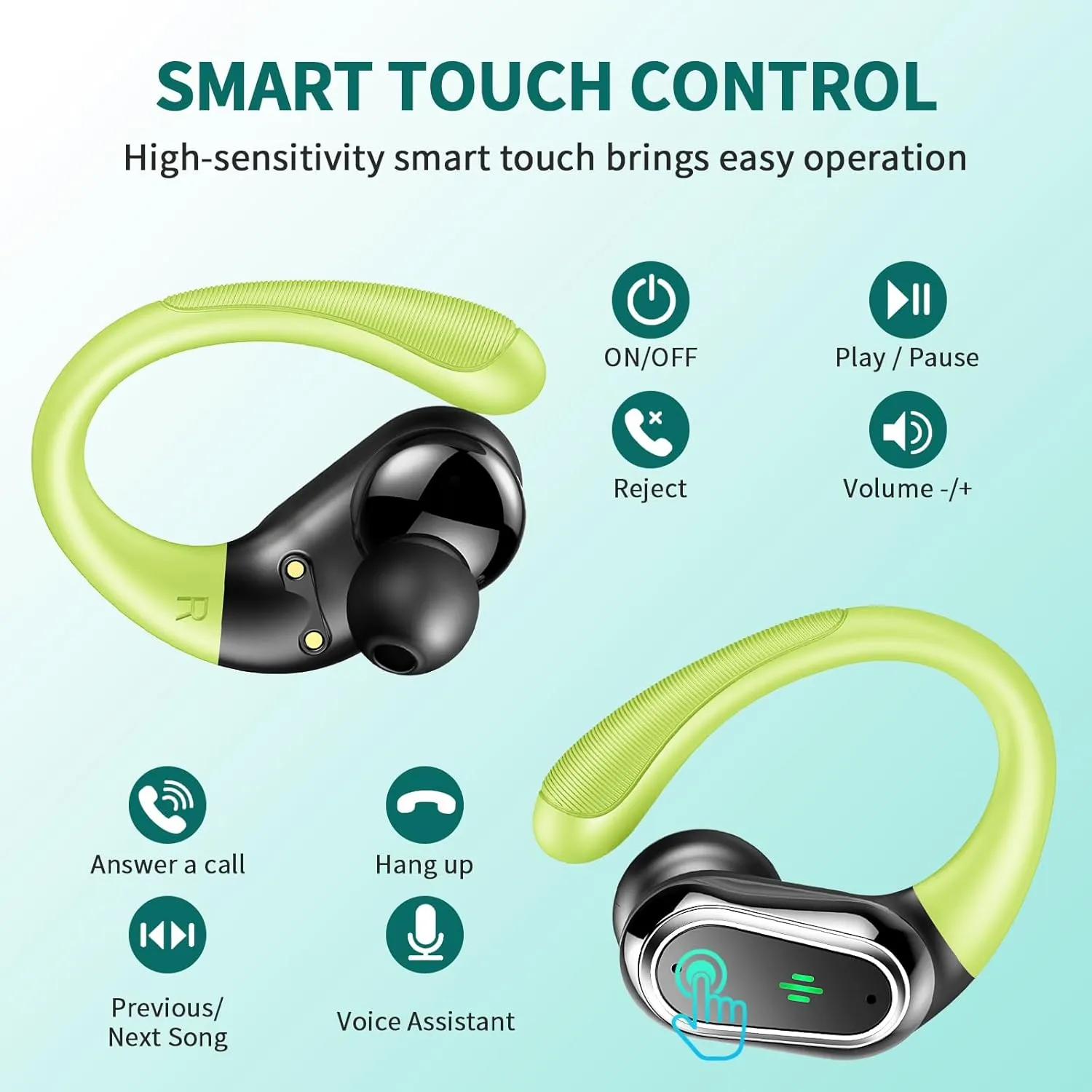 Wireless Earbuds, Bluetooth 5.4 Headphones Sport, Bluetooth Earbuds with ENC Noise Canceling Mic, 50H Stereo Wireless Headphones IP7 Waterproof with Earhooks, Dual LED Display for Running, Dark Green
